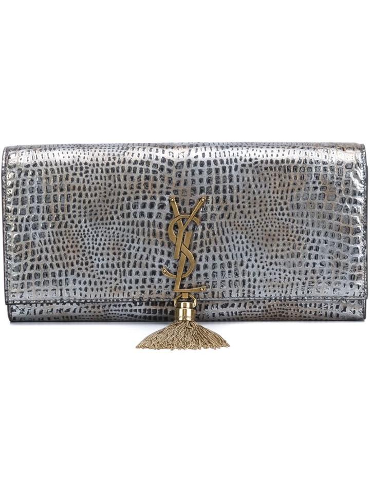 Saint Laurent Classic Monogram Clutch, Women's, Grey, Leather