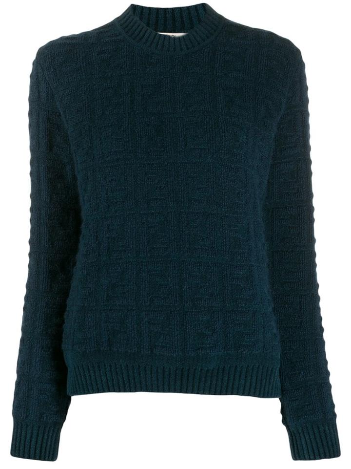 Fendi Knitted Ff Pattern Crew Neck Jumper - Blue