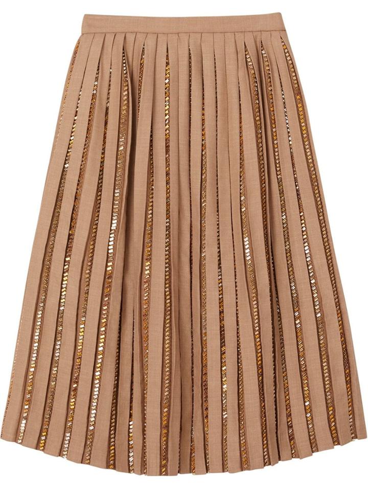 Burberry Crystal Detail Plissé Soleil Wool Silk Blend Skirt - Neutrals