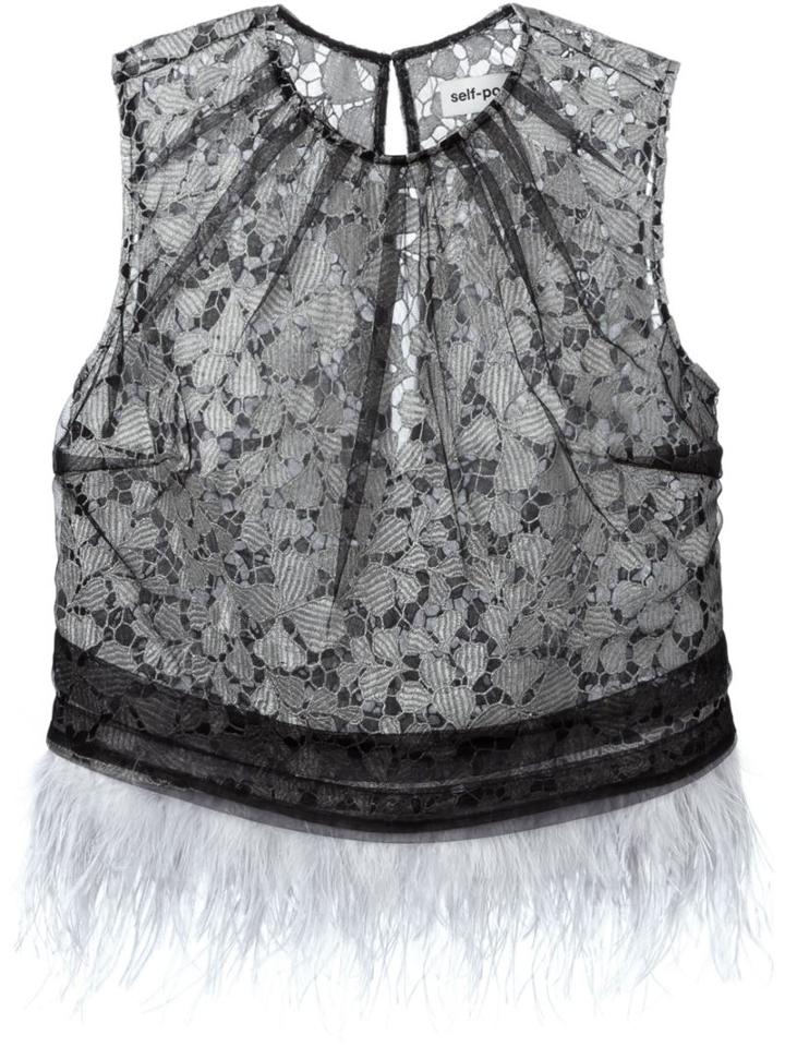 Self-portrait Feather Trimmed Lace Top, Women's, Size: 12, Black, Lurex/polyamide/polyester/feather