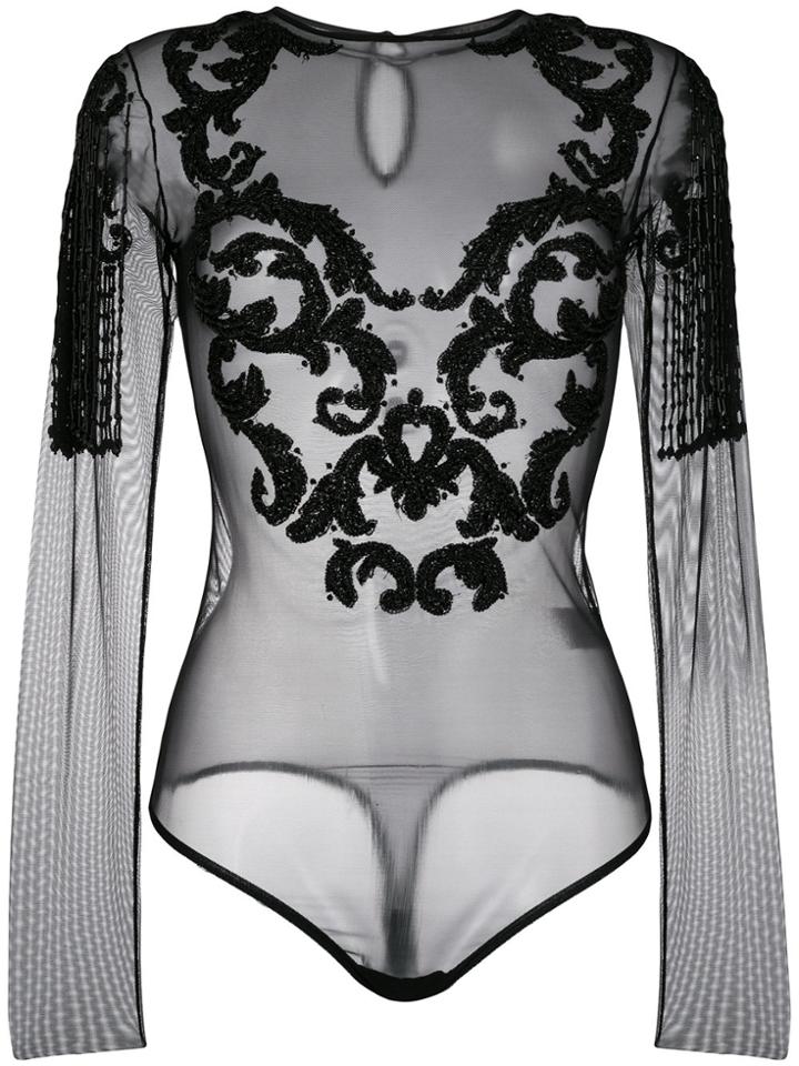 Amen Sheer Embellished Bodysuit - Black