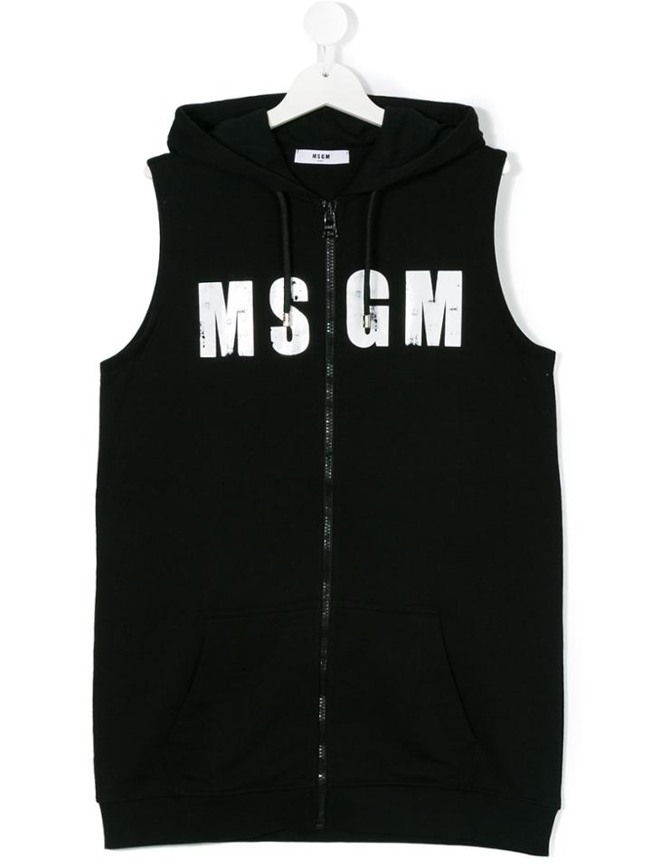 Msgm Kids Logo Print Sleeveless Hoodie - Black