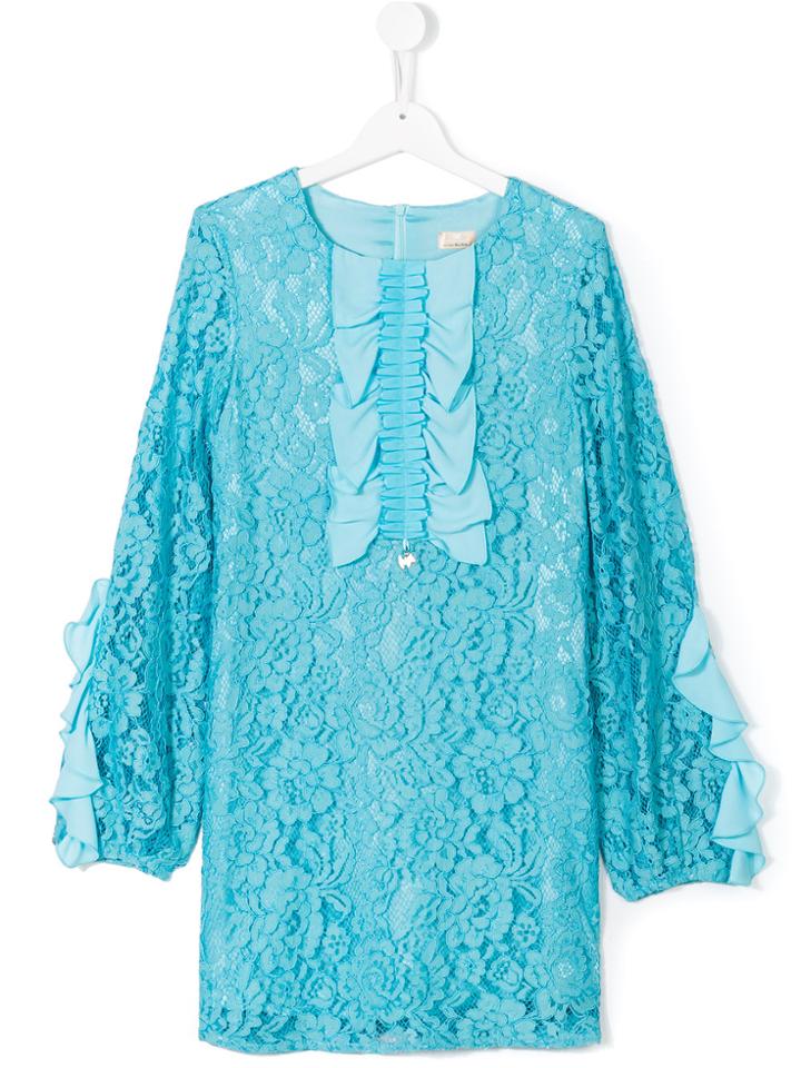 Elisabetta Franchi La Mia Bambina Ruffled Front Lace Dress - Blue