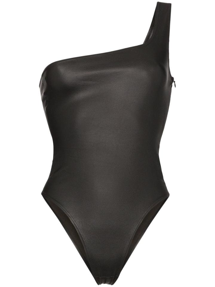 Sprwmn One-shoulder Stretch Leather Bodysuit - Black