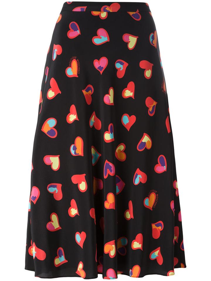 Boutique Moschino Hearts Print A-line Skirt, Size: 40, Black, Polyester/silk