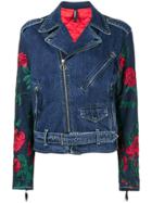 Adam Selman Rose Embroidered Denim Biker Jacket - Blue