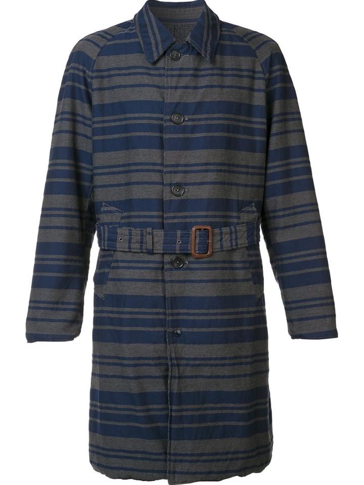 Engineered Garments Striped Trench Coat, Men's, Size: Large, Grey, Cotton/wool