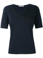 D.exterior - Lace Appliqué V-neck T-shirt - Women - Viscose/lacquer - S, Blue, Viscose/lacquer