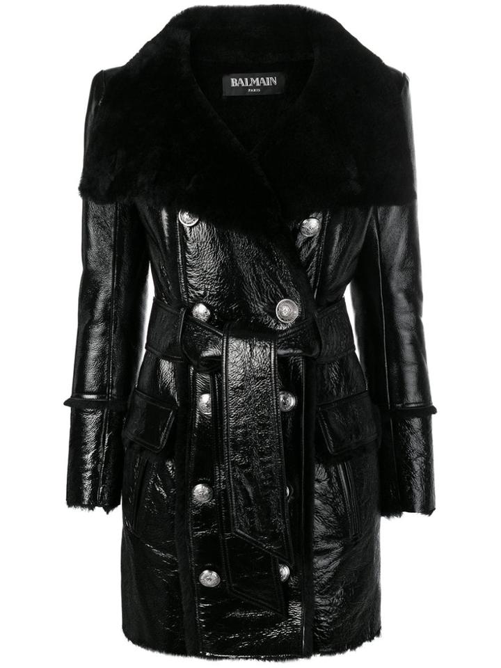 Balmain Shearling Double-breasted Coat - Black