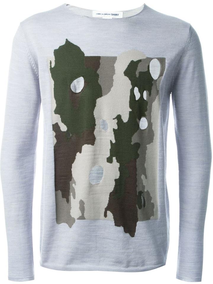 Comme Des Garçons Shirt Camouflage Print Distressed Sweatshirt, Men's, Size: Large, Blue, Acrylic/wool