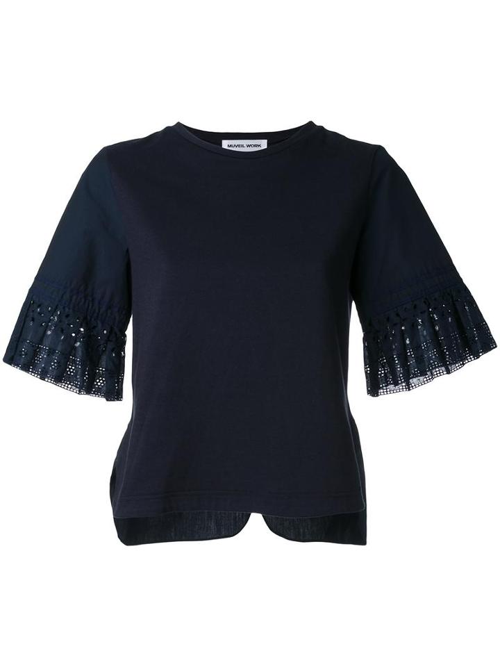 Muveil Broderie Anglaise Cuff T-shirt, Women's, Size: 38, Blue, Cotton