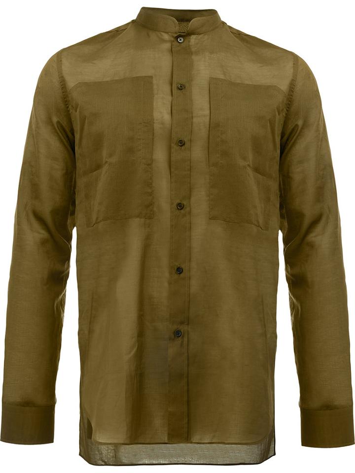 Balmain Slim Mandarin Collar Shirt, Men's, Size: 40, Green, Cotton