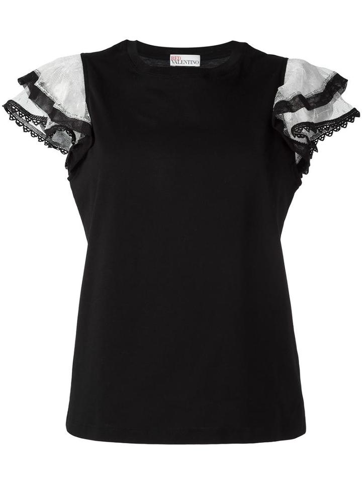 Red Valentino Ruffle Sleeve T-shirt, Women's, Size: Small, Black, Cotton/polyamide