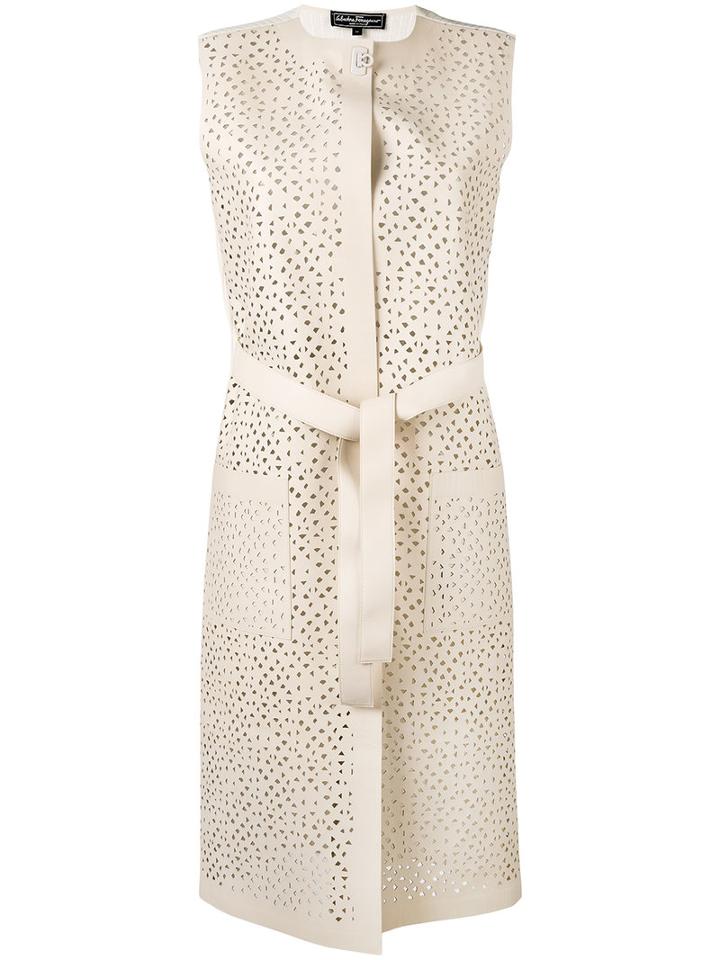 Salvatore Ferragamo - Long Lattice Gilet - Women - Silk/cotton/lamb Skin/viscose - S, Nude/neutrals, Silk/cotton/lamb Skin/viscose