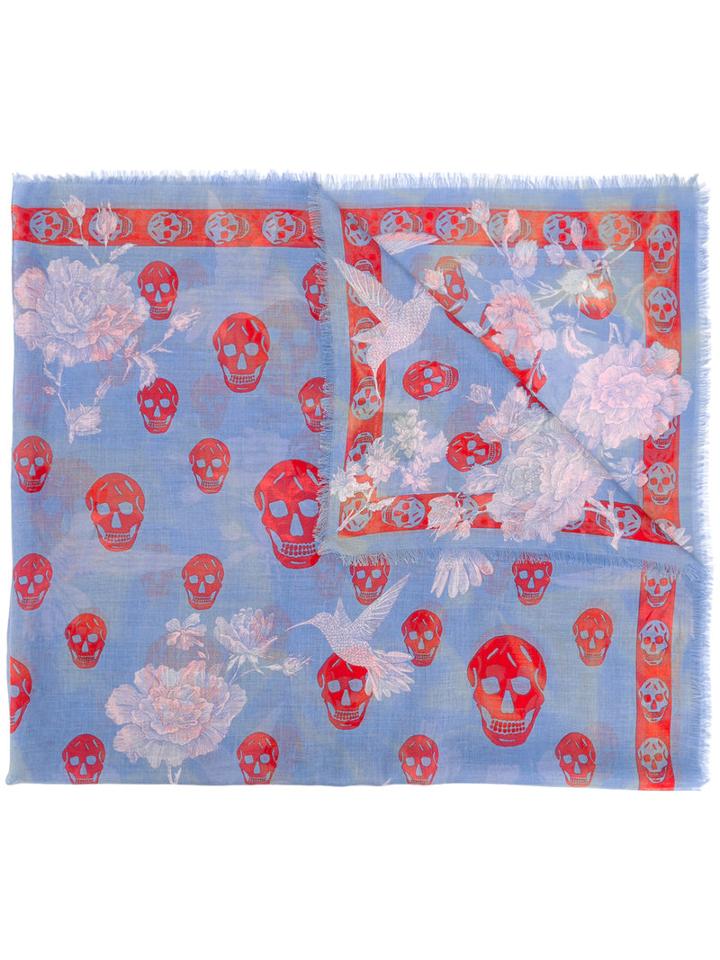 Alexander Mcqueen Skull And Hummingbird Scarf, Women's, Blue, Silk/modal