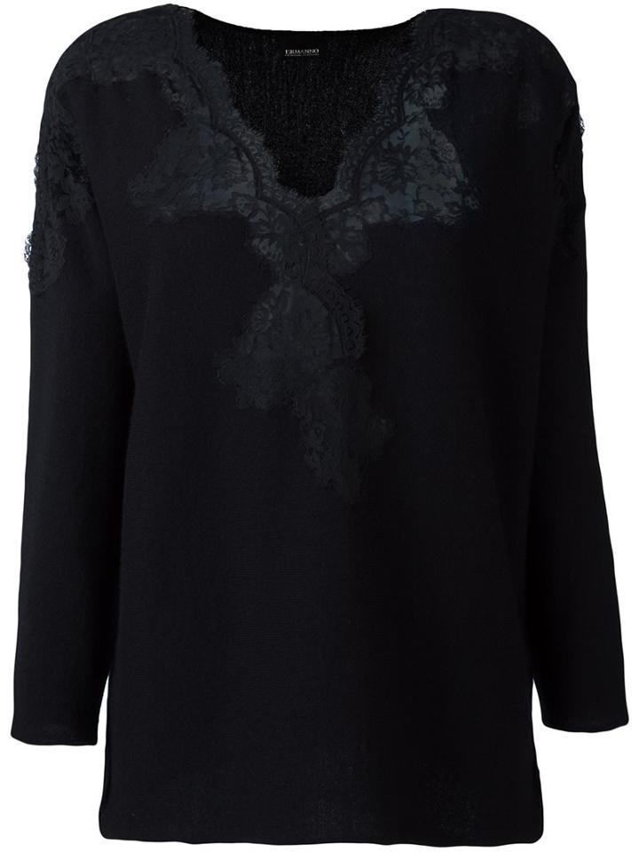 Ermanno Scervino Lace Detail Blouse, Women's, Size: 44, Black, Cotton/polyamide/cashmere/wool