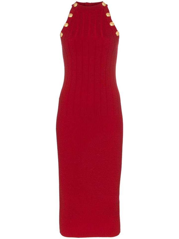 Balmain Halterneck Ribbed Wool Blend Dress - Red