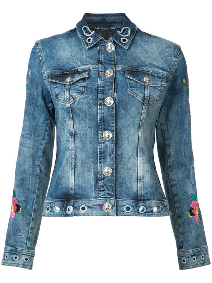 Philipp Plein Floral Embroidered Denim Jacket, Women's, Size: Medium, Blue, Cotton/spandex/elastane