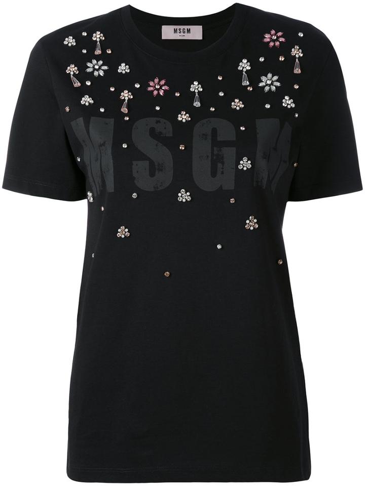 Msgm - Embellished Logo Print T-shirt - Women - Cotton - Xs, Black, Cotton