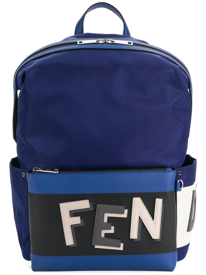 Fendi Logo Embroidered Backpack - Blue
