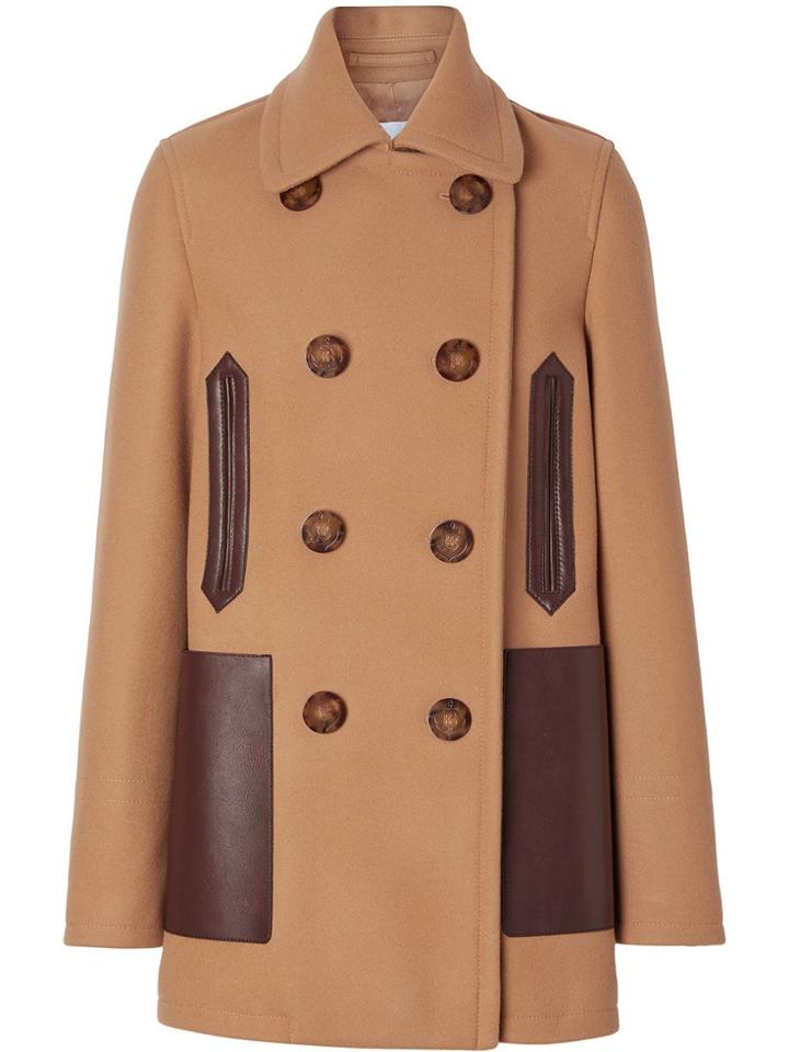 Burberry Lambskin Pocket Wool Blend Pea Coat - Brown