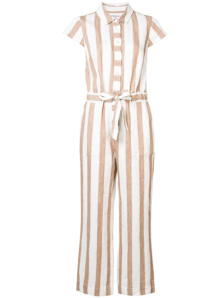 Frame Denim - Tie Waist Striped Jumpsuit - Women - Linen/flax - L, White, Linen/flax