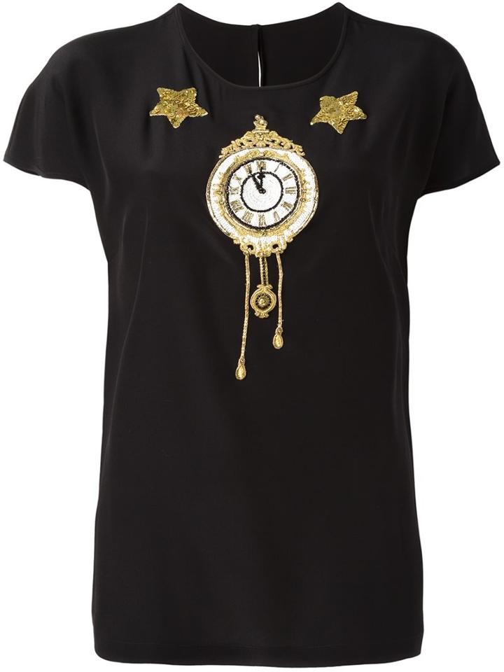 Dolce & Gabbana Appliqué Clock Top, Women's, Size: 44, Black, Silk/polyester/glass/polyamide