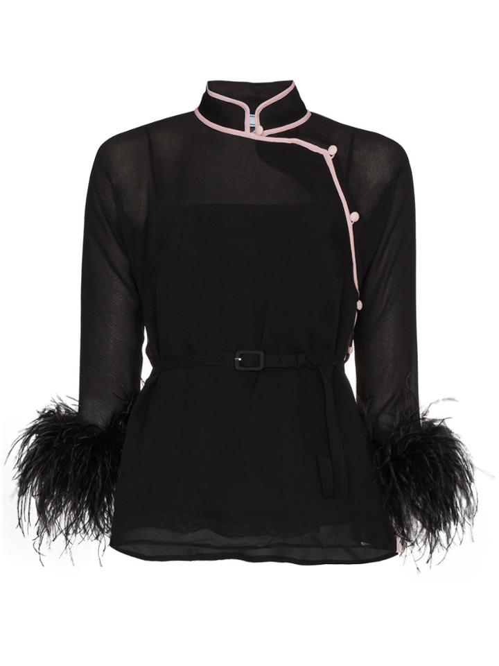 Prada Wrap Ostrich Feather Blouse - Black