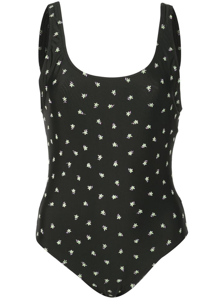 Solid & Striped Floral Round-neck Swimsuit - Black