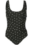 Solid & Striped Floral Round-neck Swimsuit - Black