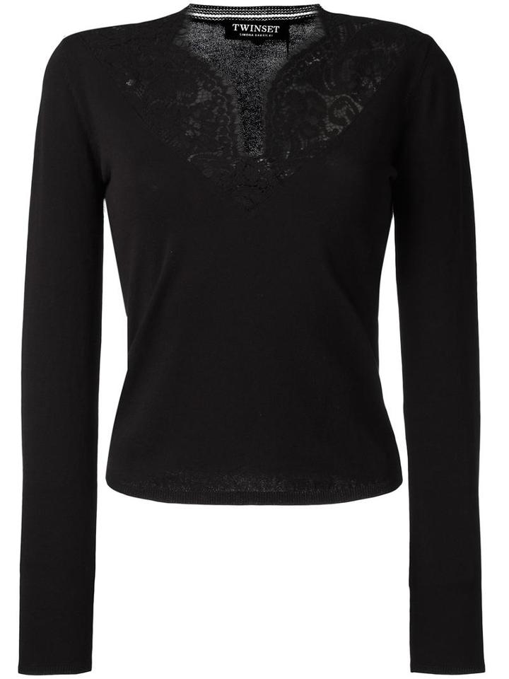 Twin-set Lace V-neck Jumper, Women's, Size: Xs, Black, Cotton/polyamide/spandex/elastane