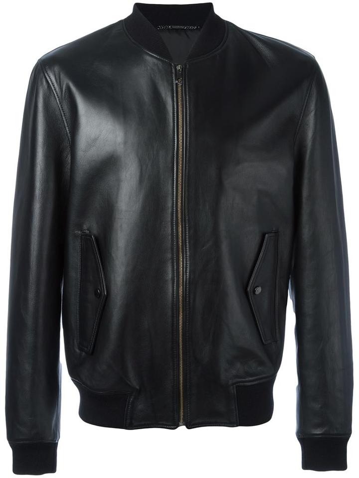 Versace Collection Leather Bomber Jacket, Men's, Size: 52, Black, Lamb Skin/polyester/spandex/elastane/wool