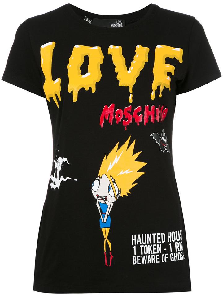 Love Moschino Terrified Cartoon T-shirt, Women's, Size: 42, Black, Cotton/spandex/elastane