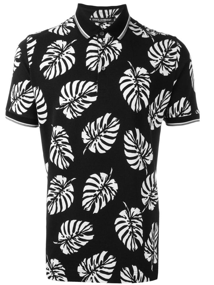 Dolce & Gabbana Palm Tree Print Polo Shirt, Men's, Size: 46, Black, Cotton