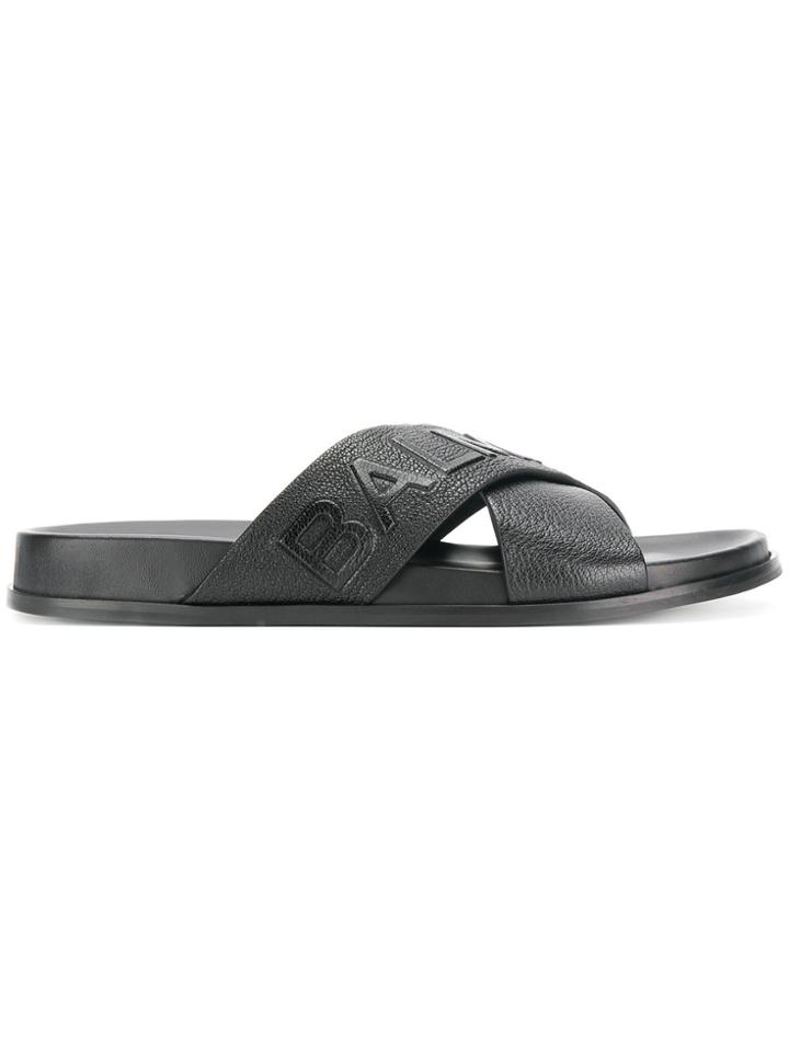 Balmain Embossed Logo Crossover Sandals - Black