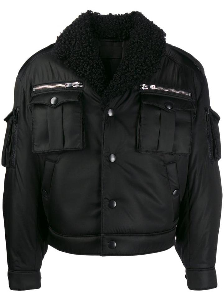 Prada Shearling Collar Zip-up Gabardine Jacket - Black