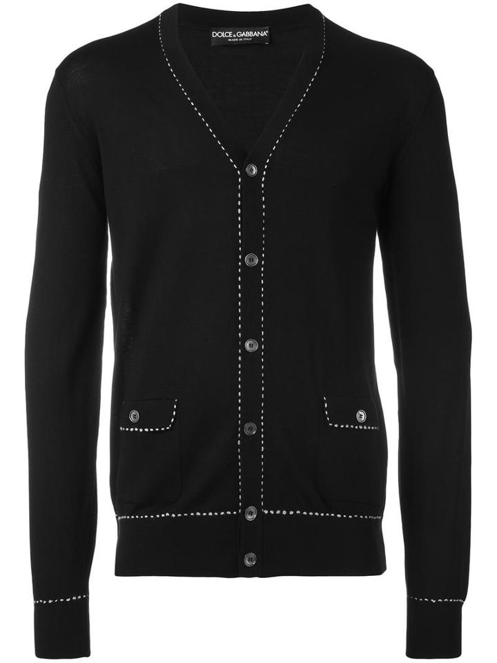 Dolce & Gabbana Contrast Stitch Trim Cardigan, Men's, Size: 52, Black, Virgin Wool