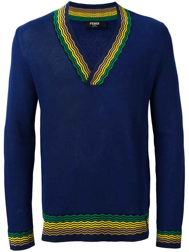Fendi V-neck Sweater, Men's, Size: 48, Blue, Viscose/cotton