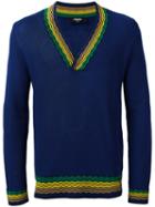 Fendi V-neck Sweater, Men's, Size: 48, Blue, Viscose/cotton