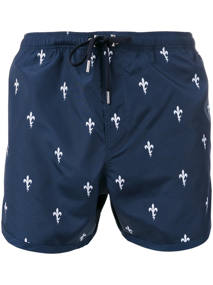 Neil Barrett Fleur-de-thunder Print Swim Shorts, Men's, Size: Large, Blue, Polyester