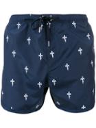 Neil Barrett Fleur-de-thunder Print Swim Shorts, Men's, Size: Large, Blue, Polyester