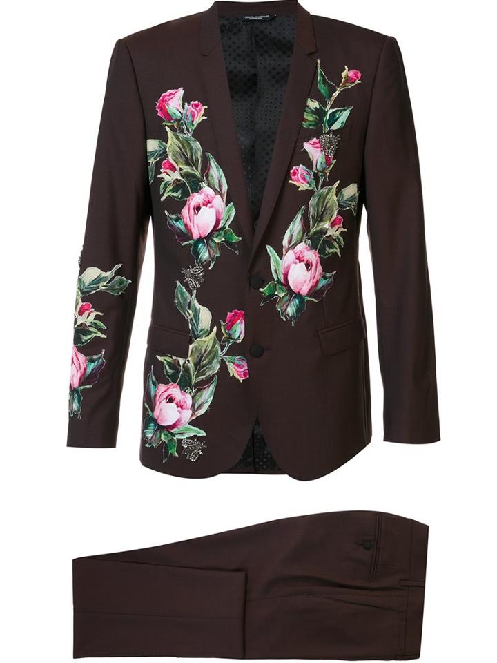 Dolce & Gabbana Classic Floral Appliqué Suit, Men's, Size: 52, Brown, Virgin Wool