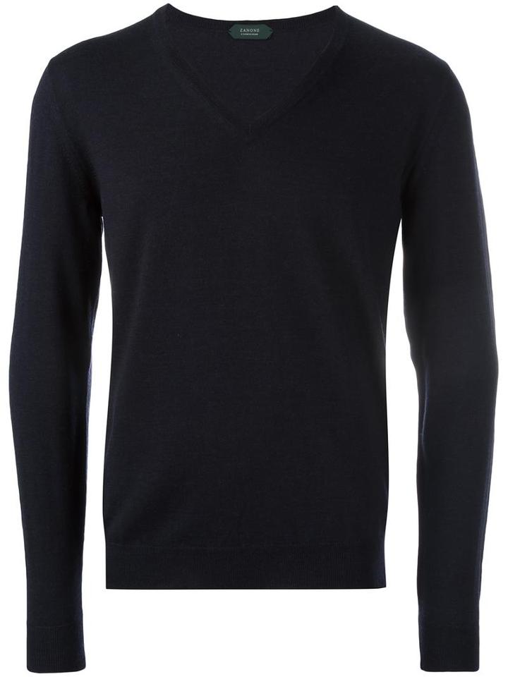 Zanone V-neck Jumper, Men's, Size: 56, Blue, Polyamide/virgin Wool