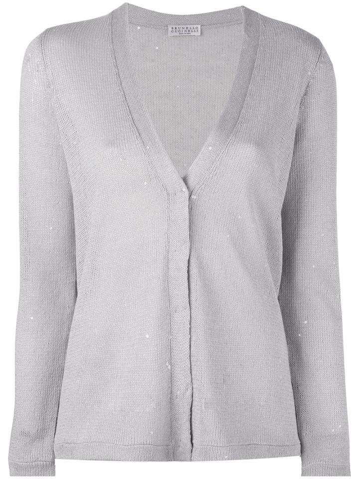 Brunello Cucinelli - V-neck Cardigan - Women - Silk/linen/flax/polyamide - L, Grey, Silk/linen/flax/polyamide