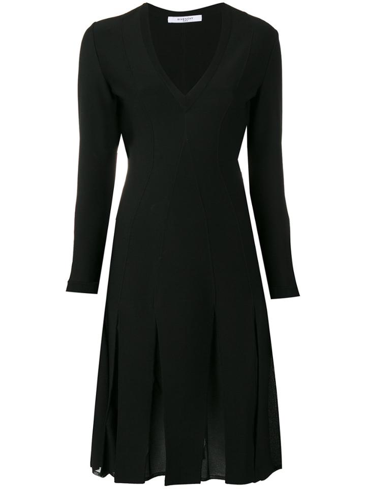 Givenchy Pleated Skirt V-neck Dress - Black