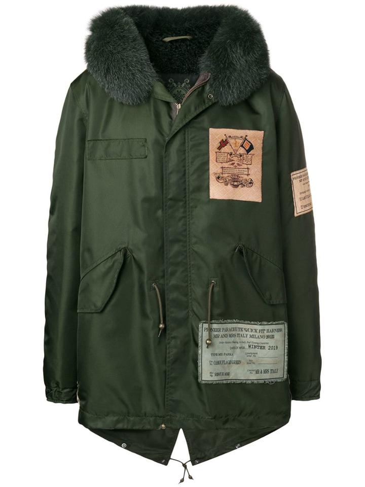 Mr & Mrs Italy Fur Hooded Patch Parka Coat - Green
