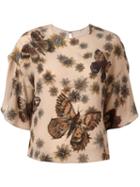 Valentino Butterfly And Floral Print Top, Women's, Size: 40, Nude/neutrals, Silk