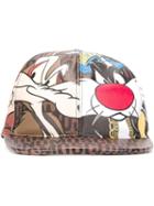 Moschino Sylvester And Tweety Print Cap, Women's, Size: Small, Brown, Lamb Skin/cotton