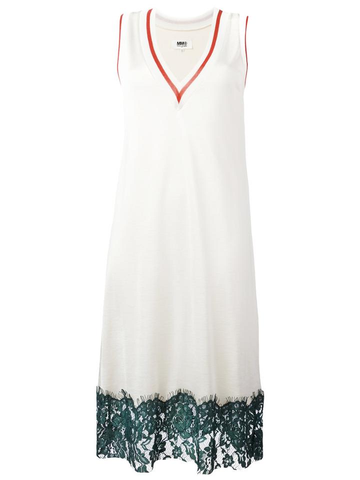 Mm6 Maison Margiela - Lace Hem V-neck Dress - Women - Cotton/polyamide/viscose - Xs, Women's, White, Cotton/polyamide/viscose