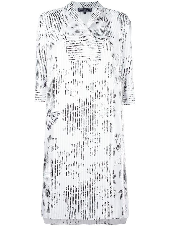 Salvatore Ferragamo Striped Overlay Floral Dress, Women's, Size: 44, White, Silk
